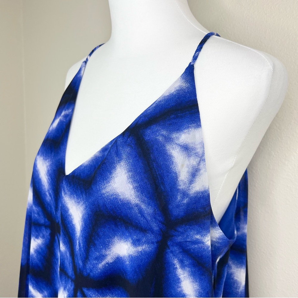 Calvin Klein Blue Chiffon Sleeveless V-Neck Flowy Asymmetric Trapeze Dress - Picture 4 of 12